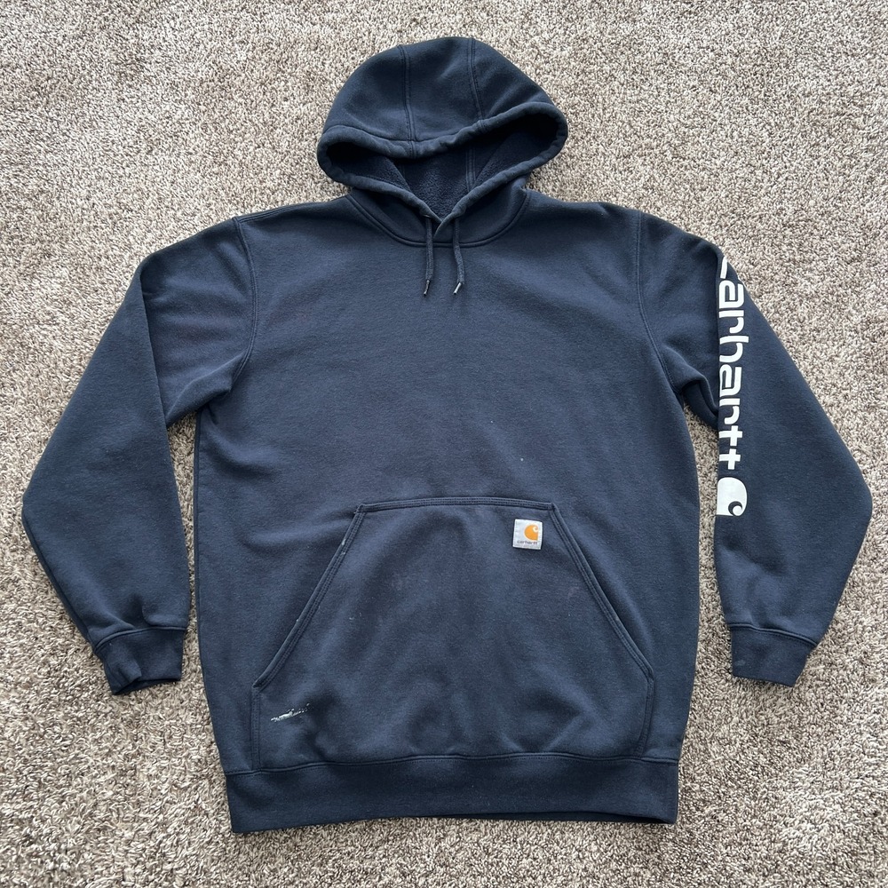 Carhartt Men's Medium Blue Logo Hooded Sweatshirt Original Fit Workwear K288